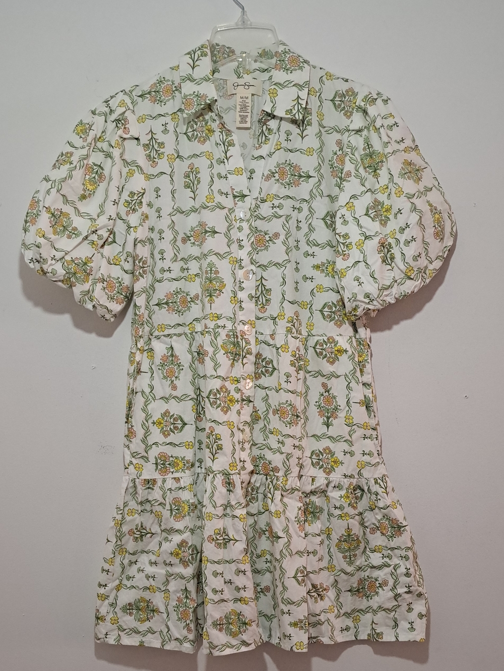White Floral Puff-Sleeve Dress 100% Cotton
